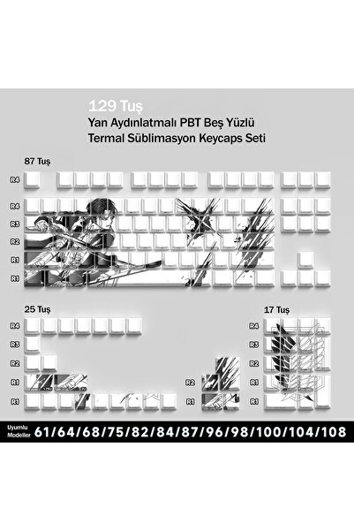 silabor 129 Tuş Orijinal Yan Baskılı Yarı Saydam PBT Süblimasyon Mekanik Klav...