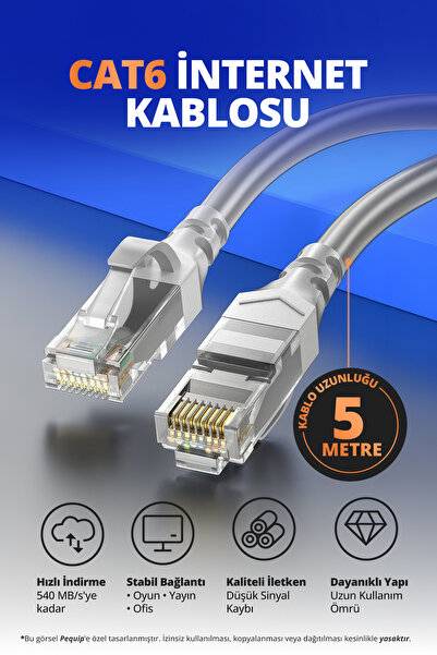 Pequip CAT6 Ethernet Kablosu Rj45 İnternet Kablo Cat 6 Kablosu 5 Metre