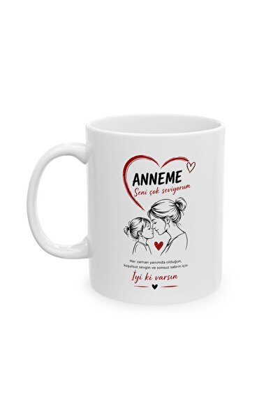 Anneme Seni Çok Seviyorum Yazılı Porselen Kupa Bardak – Anne ve Çocuk Temalı Duygusal Hediye