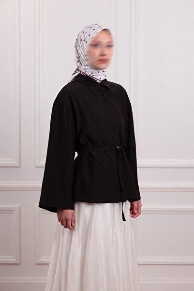 Emare Girdle Detailed Striped Tencel Shirt Black