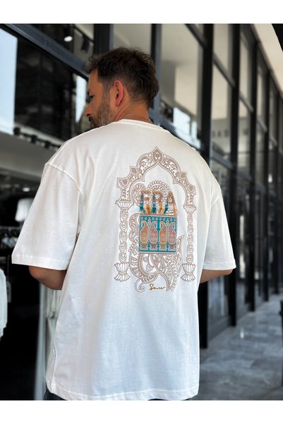 BYBASICMAN Beyaz Era Etnik Kabartmalı Oversize T-Shirt SW-5161