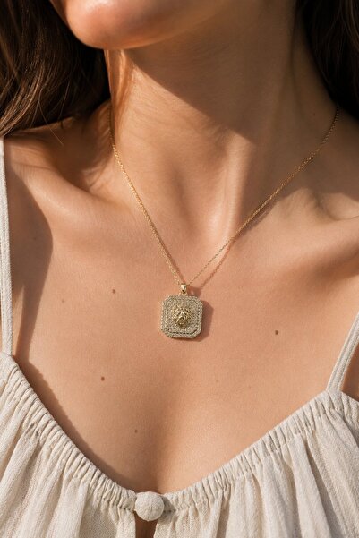 Clariss 316L Steel Chain Gold Lion Medallion Model Zircon Stone Women's Necklace