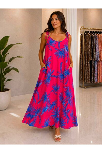 qeteen Patterned Rope Strap Pocketed Casual Maxi Viscose Fabric Summer Comfor...