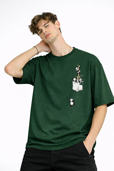 beybunn Panda - Printed Oversize T-Shirt Haki