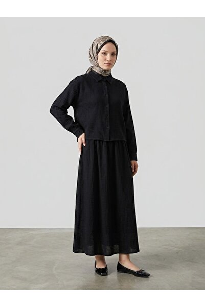 Foremia Shoulder Pleat Detail Muslin Skirt Set-Black