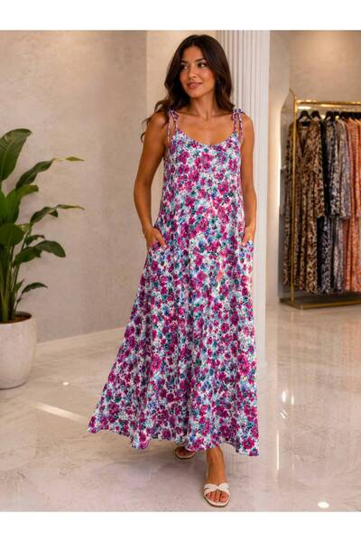 qeteen Patterned Rope Strap Pocketed Casual Maxi Viscose Fabric Summer Comfor...