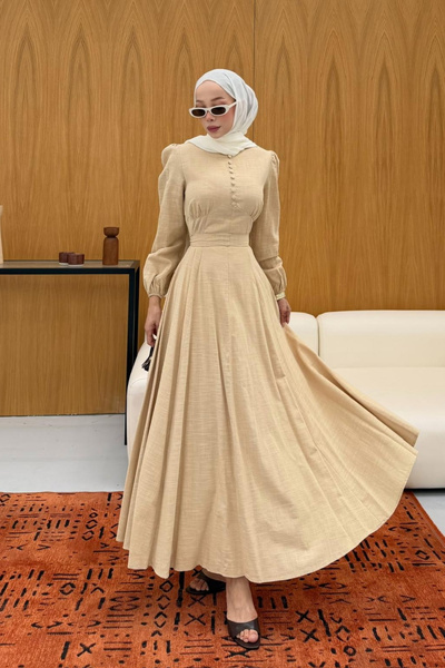 fushya design Göğüsü Pile Detaylı Balon Kollu Düğmeli Elbise