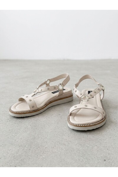 NUR KARACA 884032 Genuine Leather Trok Detail 5cm Padded Sole Sandals Shoes f...