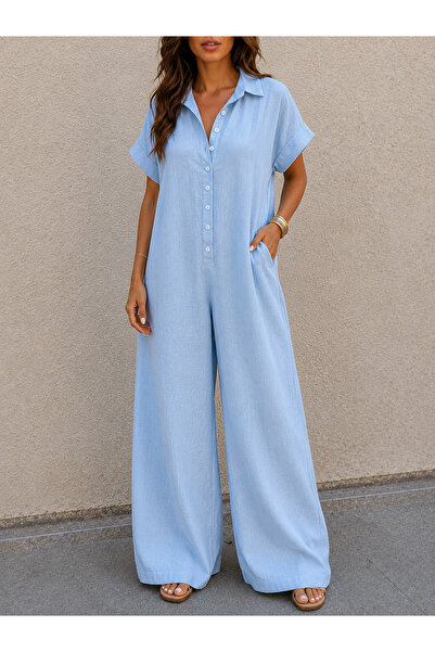 Afri Blue Linen Women's Buttoned Shirt Collar Loose Jumpsuit – Wide Leg Loose...