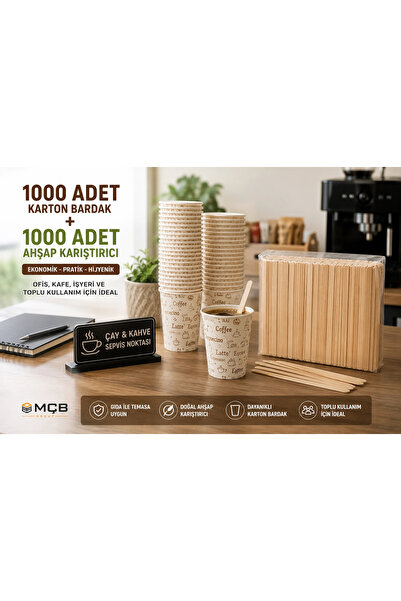 Mçb Group 1000 Adet Karton Bardak + 1000 Adet Ahşap Karıştırıcı Seti | Tek Kullanımlık Çay Kahve Bardağı ve Ka
