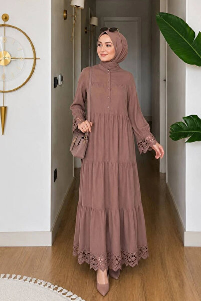 AZRA BUTİK Orchid Dress with Lace Detail on Sleeves and Hem in Brown