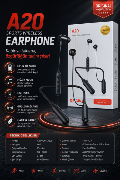 hanao r A20 Boyun Askılı Oyun Moodlu Pubg Bluetooth Kulaklık 200 Saat Şarj Ka...
