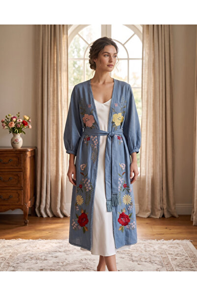 Taşhan Çarşı Otantik Kütahya İşi El Nakışlı Gelin Sabahlığı Kimono Kuşaklı Bo...