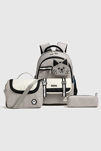 VEIBAG Catila Gray Cat Design 3-Piece School Bag Set - Elementary School Back...