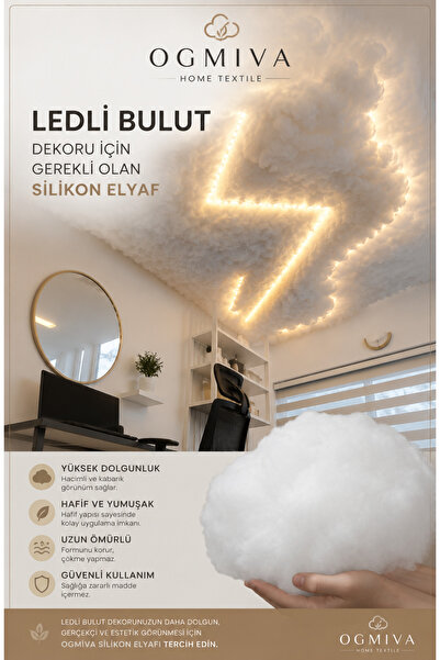 OgMiva Bulut Dekoru İçin Premium Elyaf 1 KG Silikon Elyaf Dolgu Malzemesi Kır...