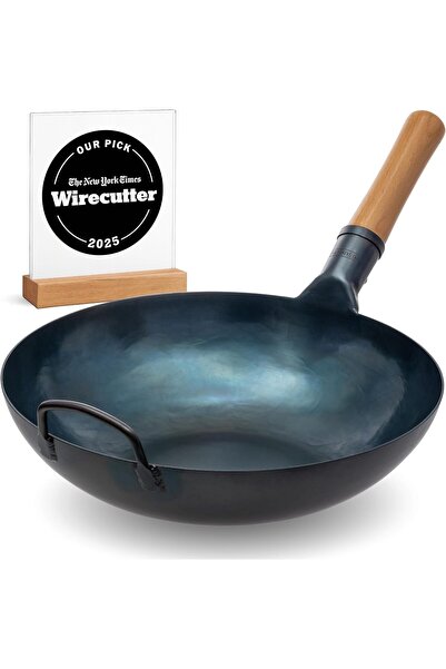 Genenic Mynexa 34 cm Blue Carbon Steel Wok Pan – Pre-Seasoned Flat Bottom Wok...