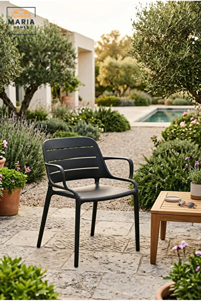 MARIA HOMES Modern Black Plastic Outdoor Armchair – Stackable Patio Dining Ch...