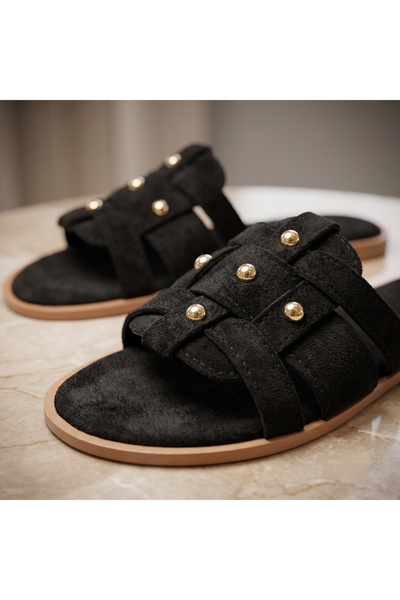 TopukTrend Women's Slippers Suede Gold Studded Detailed Cross-Strapped Women's Orthopedic Sole Slippers