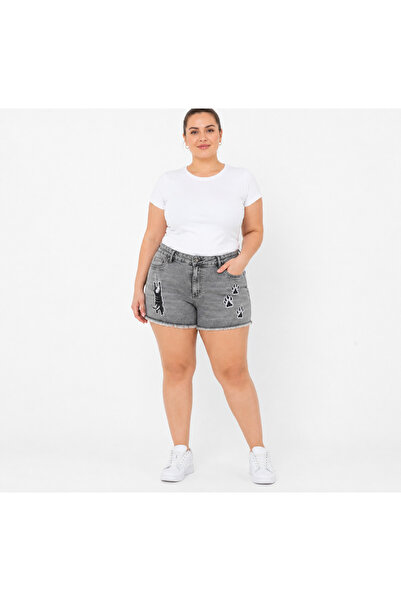 ZANESSİ FASHION Zanessi Large Size Denim Shorts Cat Embroidery Cotton Elastan...