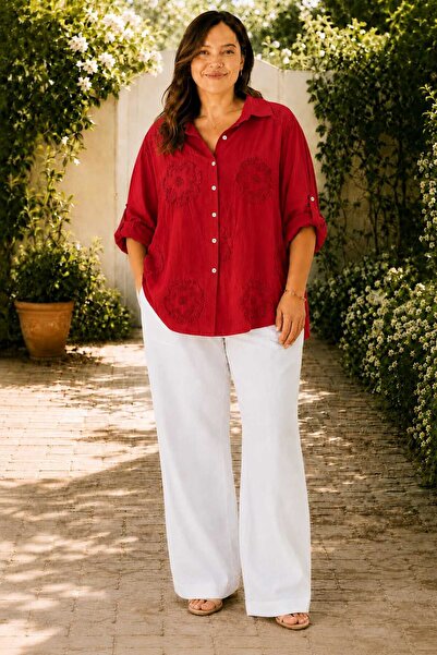 Butik Şans Women's Daisy Embroidered Oversize Italian Shirt