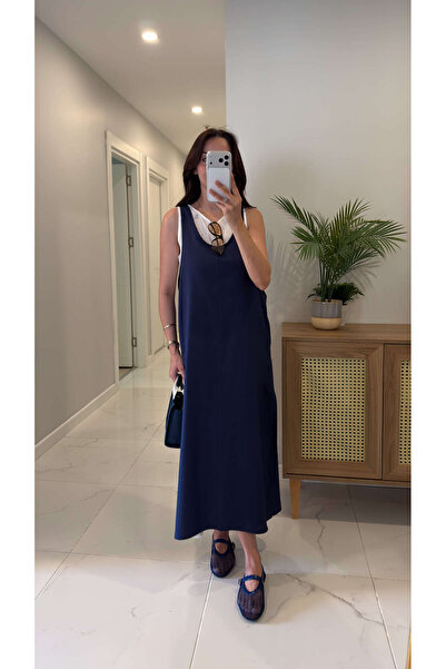 BİRCANÇİL Pokles Navy Blue Self-Pieced Sleeveless Linen Dress