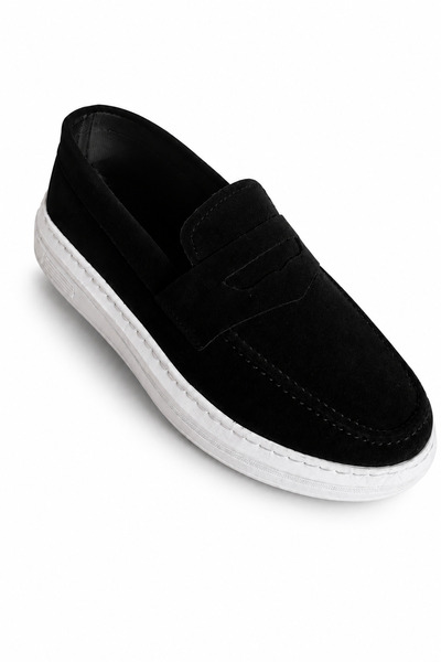 By Sabit Erkek Siyah Süet Loafer Ayakkabı Beyaz Taban Günlük Casual Klasik Sl...