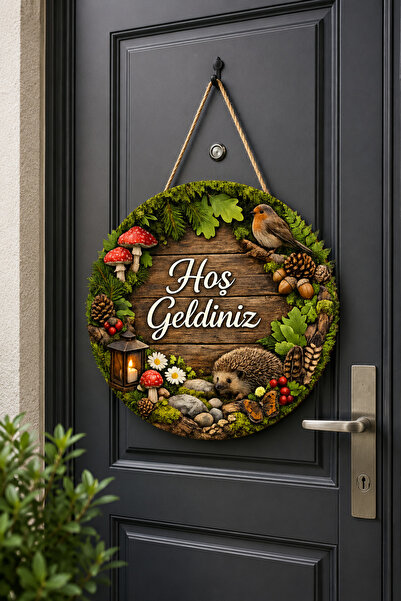 SHELİFE Forest Concept Welcome Door Ornament Wooden Look Round Door Decoration