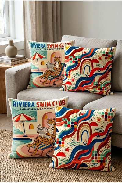 Artvibe Σετ 4 διακοσμητικών μαξιλαροθηκών Riviera Swim Club με γραπτό σχέδιο ...