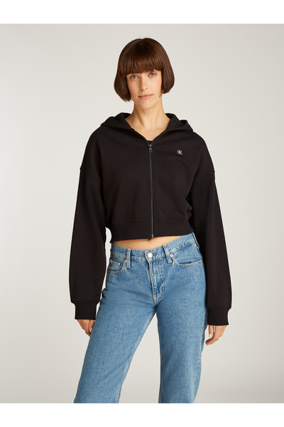 Calvin Klein سترة نسائية سوداء بقلنسوة وسحاب