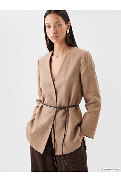LC Waikiki Trendlucky Women's 100% Linen Jacket with Belt in Contrast Color