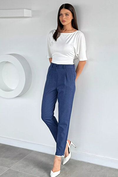 Aryena Navy Blue Women's Elastic Waist Fabric Trousers