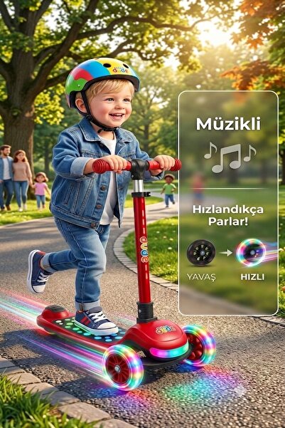 PlayZen Işıklı Müzikli 3 Tekerlekli Çocuk Scooter, Led Tekerlekli, Işıklı Tab...