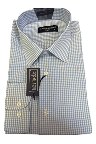 OEM Men's shirt, Light blue with checks, regular, long sleeve, Cotton- Polyes...