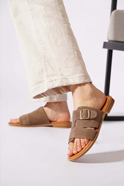 Moda Pie Kenlor Side Buckle Open Women's Genuine Leather Slippers Mink Suede