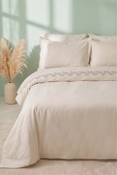Rivaİstanbul Liora Ecru Floral Embroidered Cotton Double Duvet Cover Set - 6 ...