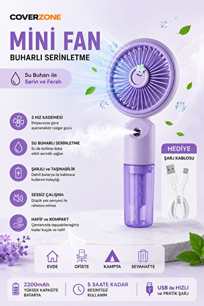 Coverzone Mini Fan Vantilatör Şarjlı Su Buharlı 3 Hız Kademesi Taşınabilir Ma...