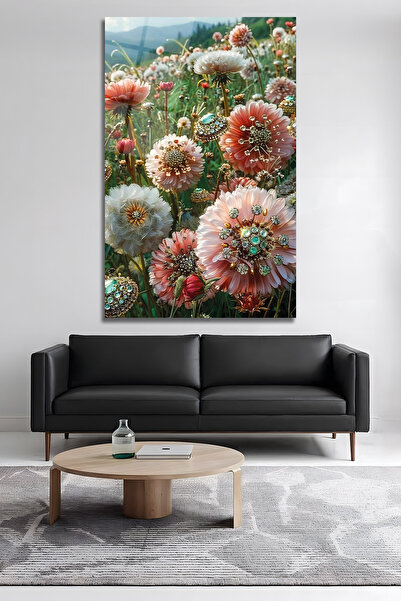 BERSED Pembe Çiçek Tarlası Cam Tablo Modern Çiçek Desenli Dekoratif Duvar Dekoru