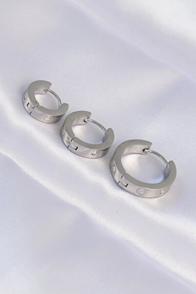 ARMÜZ 316L Steel Silver Color Zircon Stone Model 3-Piece Hoop Earrings