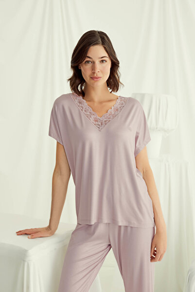 MONAMİSE Premium Lace Detailed Women's Mink Viscose 2-Piece Pajama Set - Styl...