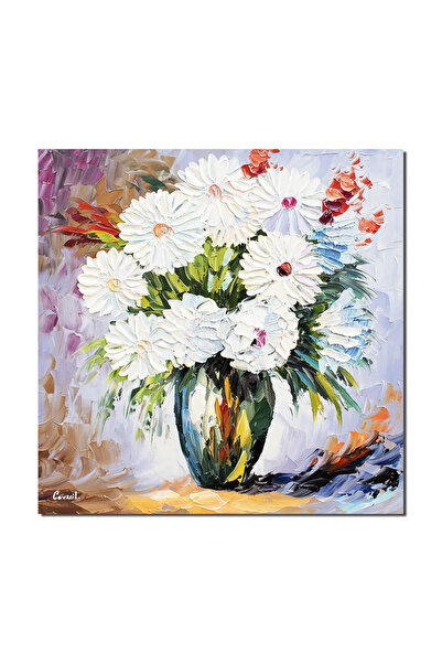artnova Tablou 3D flori, Vaza cu crizanteme albe pictat manual, 50x50cm ulei ...