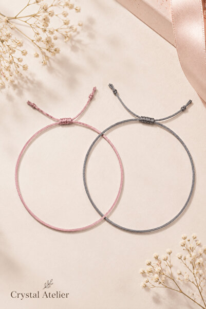 Crystal Atelier Set of 2 Pink Gray Macrame Rope Bracelets Adjustable Unisex M...
