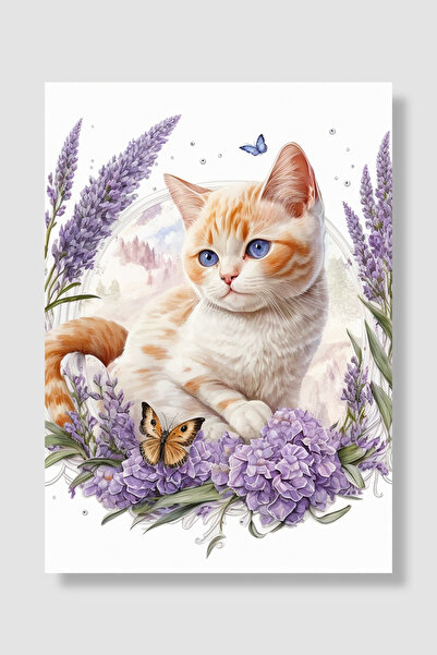 Luna Marissa Poster cu pisică, lavandă, flori, pisicuță drăguță, fluture, dec...
