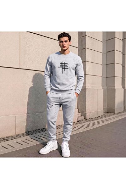 caddekombin Unisex Ανδρικό/Γυναικείο Σετ Φούτερ με Γεωμετρική Γραμμή και Στάμ...