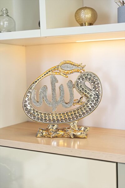 Güncel Vitrin Zirkon Taşlı Gold Laleli Vav Allah Lafzı 29 cm