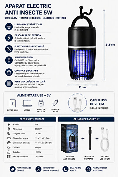 OEM Aparat Electric Anti Insecte 5W cu Lumină UV, USB, Capcană pentru Țânțari și Insecte Zburătoare, Silențios, Portabil.