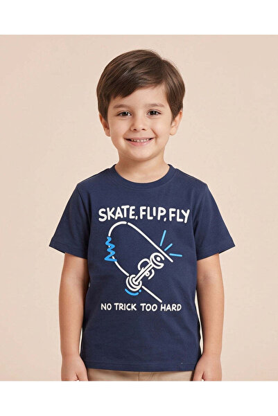 REDTAG Boys Navy Skate Flip Print T-Shirt