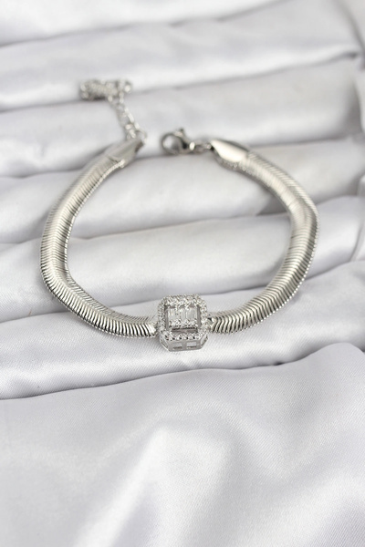 ARMÜZ 316L Steel Silver Color Baguette Zircon Stone Snake Chain Women Bracelet