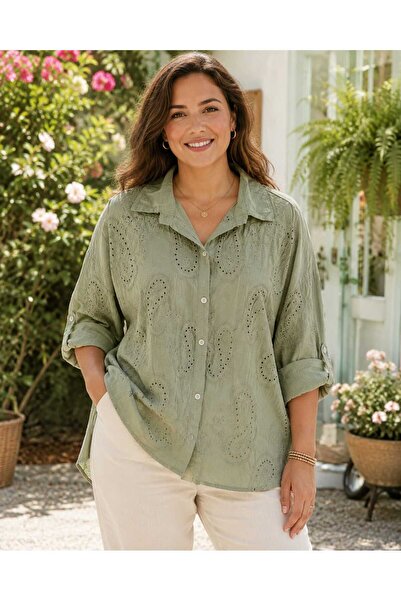 Butik Şans Women's Oversized Italian Cotton Shirt with Shawl Motif Embroidery
