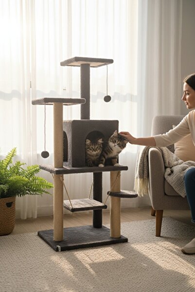 Nursoft Salıncaklı Lüxs Kedi Evi Kedi Kafesi Kedi Oyun Evi-Antrasit
