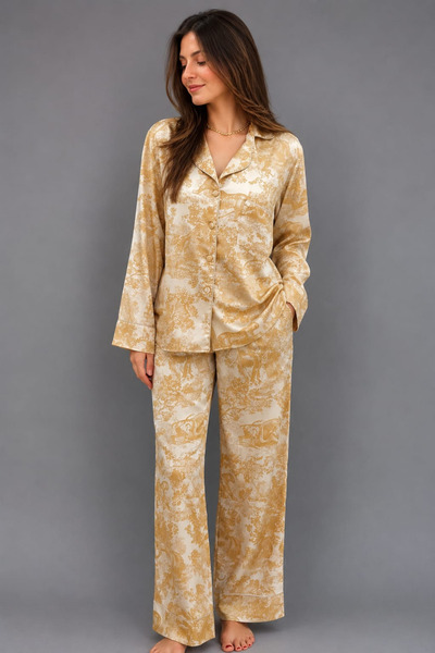Avrissa Concept Modern Somon Sarı Desenli Çizgili Pijama Takımı & Sabahlık Ta...